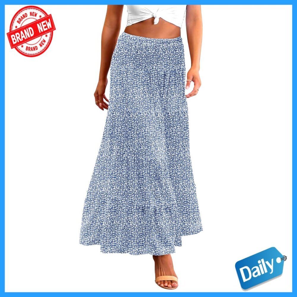 Maxi Skirt Tiered Elastic High Waist Boho Double Layered A-Line Midi Dress